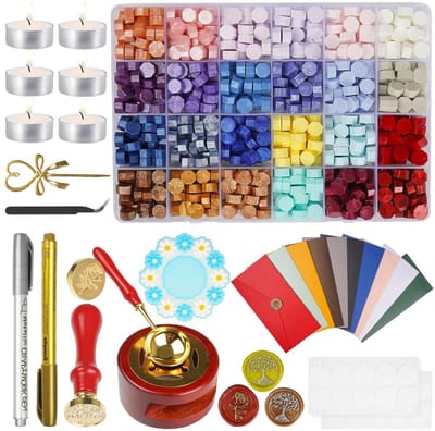 Set van 24 Kleurige Lijmwas met 600 Stukken Lijmwas Kralen, Lijmwas Verwarmer en Stempel voor Cadeaus, Decoratie en DIY Projecten