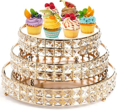 Kristallen Taartplateau Set - Dessert Standaard Cupcake Toren - Feestelijke Decoratie - Spiegelend Oppervlak - 10 12 14 inch - Goud
