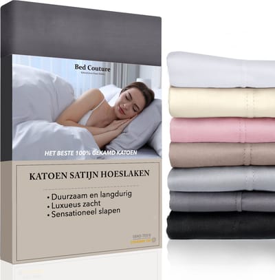 Bed Couture Satijnen  Hoeslaken 100%  Katoen Satijn - Antraciet - 100x200cm - Hoekhoogte 32cm - Super Zacht - 5 Sterrenhotel Kwaliteit