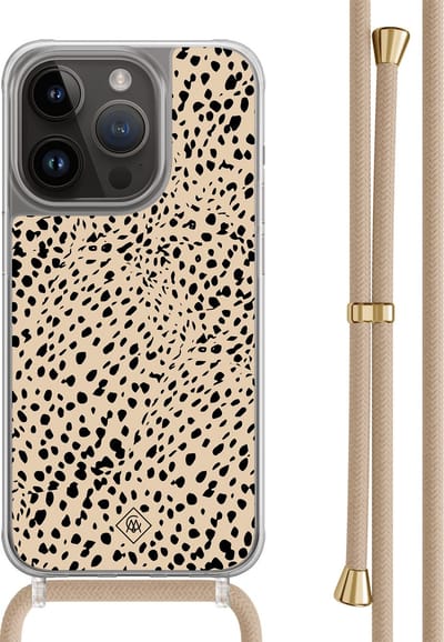 Casimoda® hoesje met beige koord - Geschikt voor iPhone 14 Pro - Stippen bruin abstract - Afneembaar koord - TPU/polycarbonaat - Bruin/beige