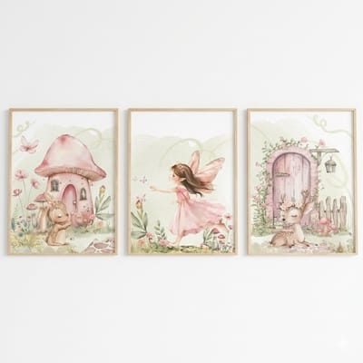Set van 3 Canvas 'Het Elfenbos' - 30x40cm - 3 stuks - zonder lijst - Elfje - Konijn - Hertje - Paddenstoel - Wand Decoratie - Babykamer - Kinderkamer