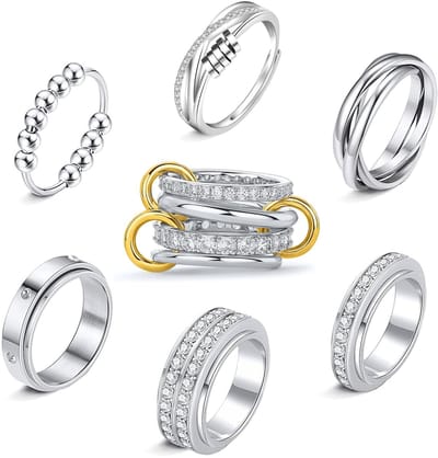 7 stuks anti-angst spinner-ringen, bandringen voor dames en heren, roestvrij staal, step, anti-stress ringen, set, angst ringen, zirkonia, maan, kruis, schaakbord, goud/zilver