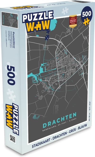 Puzzel Stadskaart - Drachten - Grijs - Blauw - Legpuzzel - Puzzel 500 stukjes - Plattegrond