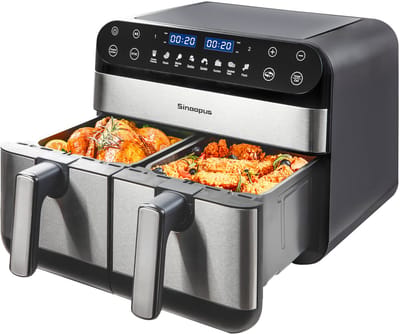 Sinaopus 920 Digitale Airfryer XXL 9L – Heteluchtfriteuse met Dubbele Mand en DualMand Onafhankelijke Snelle Opwarming – Voor Gezinnen – 8 Programma’s – LED Touchscreen – Makkelijk te Reinigen – Capaciteit voor 7 Personen