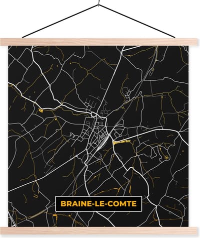 Posterhanger incl. Poster 40x40 cm - Schoolplaat - Stadskaart - Braine-le-Comte - Kaart - Goud - Plattegrond - Textielposter - Blanke latten - Stadskaart