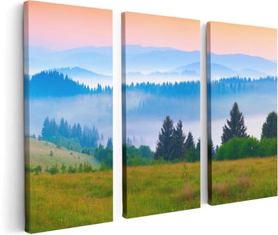Artaza Canvas Schilderij Drieluik Mistige Heuvel Landschap Met Bossen - 120x80 - Foto Op Canvas - Canvas Print