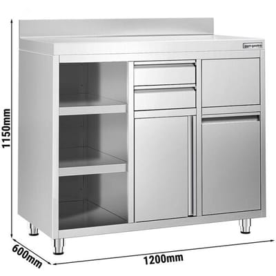 GGM Gastro Arbeitsschrank - für Kaffeemaschine - 1200x600mm - mit 2 Schubladen, 1 Tür, Mülleimer & Aufkantung