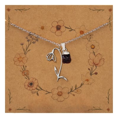 Bixorp Geboortebloem + Geboortesteen Ketting Januari - Sneeuwklokje & Granaat - Zilverkleurig Stainless Steel - Bloem & Ruwe Edelsteen Hanger - 45+5cm