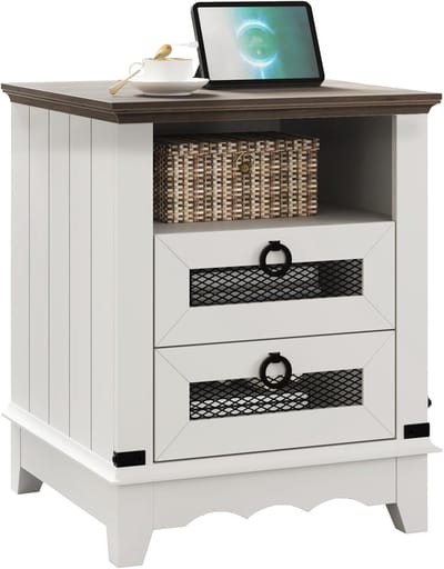 Nachtkastje in landhuisstijl met oplaadstation - Rustiek houten bijzettafeltje met 2 lades en een open plank - Nachtkastje voor de slaapkamer of woonkamer - 62 × 46 × 46 cm - Bruin en wit