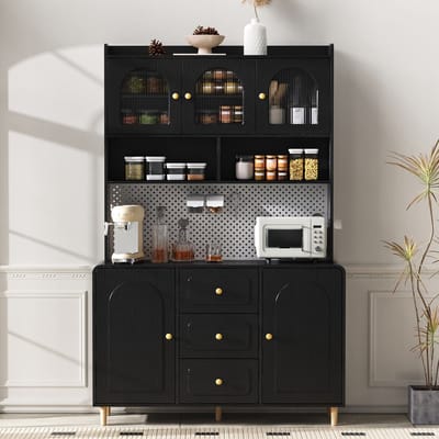 Keukenkast - Hoge Kast - Buffetkast met Wandrek - Met Massief Houten Poten - Hout - Zwart