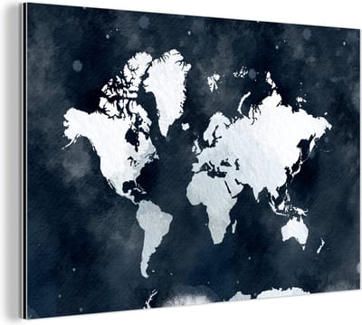 Aluminium schilderij 90x60 cm - Wanddecoratie metaal - Wereldkaart - Blauw - Waterverf - Metalen muurdecoratie woonkamer - Decoratie industrieel - Foto op dibond - Industriële accessoires slaapkamer