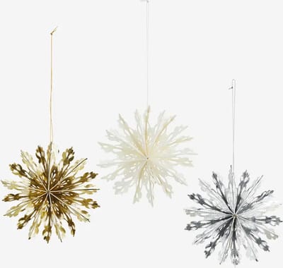 Madam Stoltz - papieren sneeuwvlokken hangers - set van 3 - wit, goud, zilver