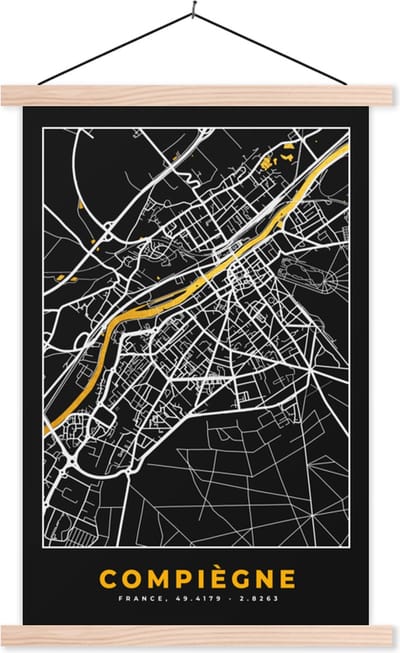 Posterhanger incl. Poster 40x60 cm - Schoolplaat - Compiègne - Frankrijk – Kaart – Plattegrond – Stadskaart - Textielposter - Blanke latten - Stadskaart