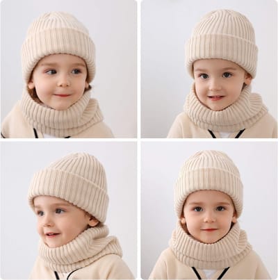 Gebreide Muts en Colsjaal met Voering – Kind – 3 t/m 12 Maanden – Crème / Beige - gebreide baby muts en colsjaal – muts en sjaal set kind – warme baby accessoires – winter set baby - kind muts met colsjaal