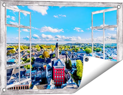 Gards Tuinposter Doorkijk Maastricht Stad met Huizen - 60x40 cm - Tuindoek - Tuindecoratie - Wanddecoratie buiten - Tuinschilderij