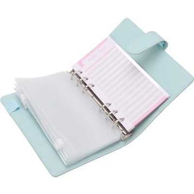 Classeur Budget A6 6 Trous PU Cuir Classeur Carnet 12 Pièces Fiche Budget 8 Pièces Fermeture Éclair Transparente bleu