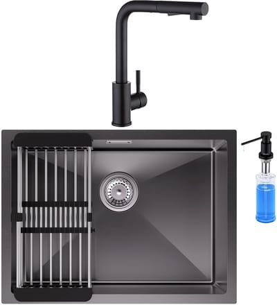 CECIPA max Spoelbak voor keuken 60X44CM Antraciet - Spoelbakken Keuken Met Keukenkraan en Zeepdispenser 300ML - Enkele spoelbak RVS - Spoelbakken met Uittrekbare Afvoermand - Voor 60 cm kast