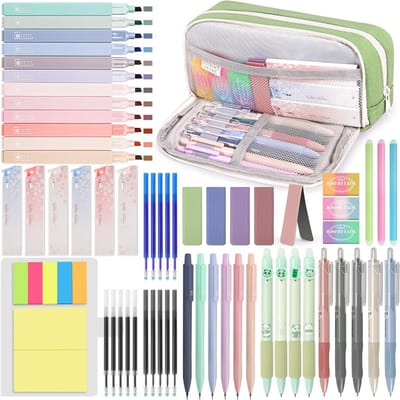 61-delige Aesthetic Stationery Set met Pen Case, Pastel Highlighters, Gel Pens en Meer voor Studenten en Notities
