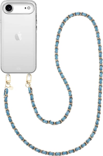 xoxo Wildhearts siliconen hoesje geschikt voor iPhone 17 Air - Classic Chain - Denim (lang koord) - Telefoonhoesje - Hoesje met koord - Schakelketting - Lang telefoonkoord - Denim blauw met goud - Transparant hoesje