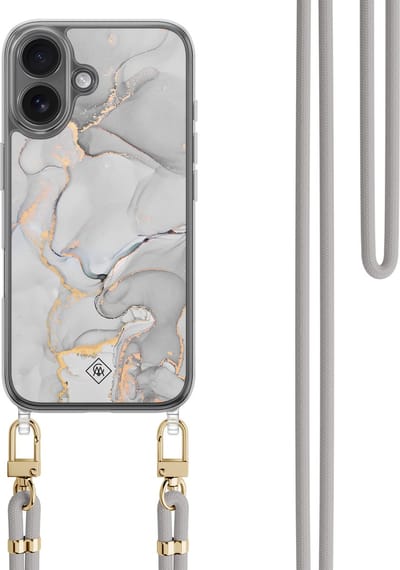 Casimoda® hoesje met koord - Geschikt voor iPhone 16 - Marmer Grijs - Afneembaar koord - TPU/polycarbonaat - Grijs