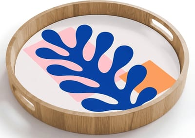 Dienblad rond 40x40 cm - Schootdienblad hout - Abstract - Blad - Blauw - Rechthoeken - Borrelplank rechthoek - Plateau houten dienbladen