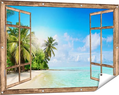 Gards Tuinposter Doorkijk Tropisch Strand bij de Licht Blauwe Zee - 120x80 cm - Tuindoek - Tuindecoratie - Wanddecoratie buiten - Tuinschilderij
