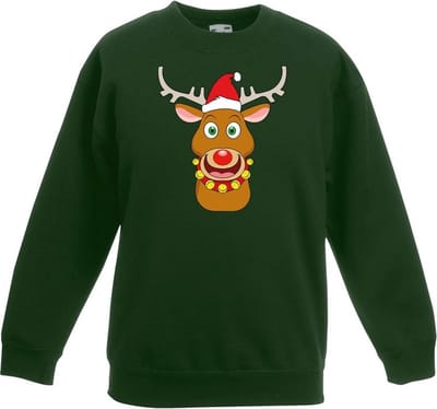 Groene kersttrui blije rendier Rudolf met rode kerstmuts voor jongens en meisjes - Kerstruien kind 98/104