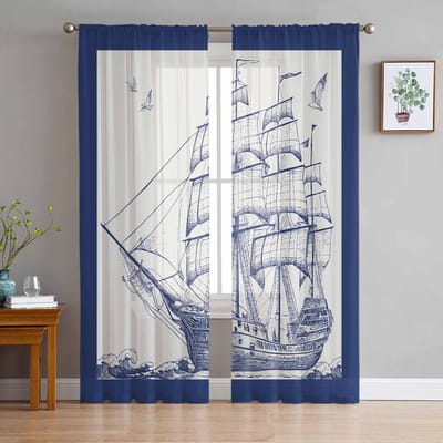 Vintage Zeilschip Meeuw Transparante Gordijnen voor Woonkamerdecoratie Raamgordijnen voor Keuken Tule Voile Organza Gordijnen W135 x H115cm x1 blue