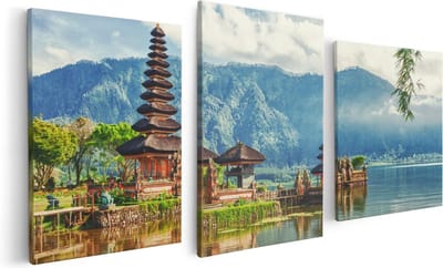 Artaza Canvas Schilderij Drieluik Pura Tempel in Bali op het meer Beratan - 120x60 - Foto Op Canvas - Canvas Print