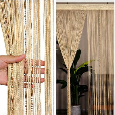 Deurgordijn met franje en kraalvormige knopen – Polyester – 5 rijen knopen – Scheidingsgordijn en raamdecoratie – Champagne – 100 x 195 cm – 1 stuk