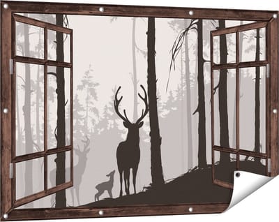 Gards Tuinposter Doorkijk Herten in het Bos - Silhouet - 120x80 cm - Tuindoek - Tuindecoratie - Wanddecoratie buiten - Tuinschilderij