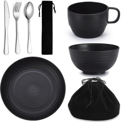Famanu – Camping mess kits set van 6 stuks, roestvrijstalen bestekset voor outdoor, picknick en reizen, inclusief borden en bekers