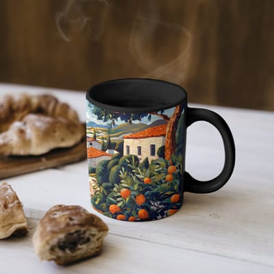Magische Mok - Foto op Warmte Mokken - Koffiemok - Huizen - Mozaïek - Sinaasappelbomen - Zee - Magic Mok - Beker - 350 ML - Theemok