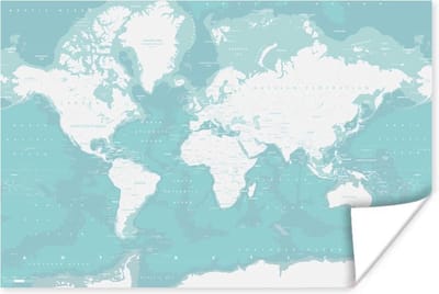 Wereldkaart blauw poster | Wereldkaart Poster 60x40 cm