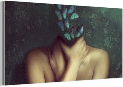 Aluminium schilderij 160x80 cm - Wanddecoratie metaal - Torso - Stilleven - Vlinders - Blauw - Metalen muurdecoratie woonkamer - Decoratie industrieel - Foto op dibond - Industriële accessoires slaapkamer