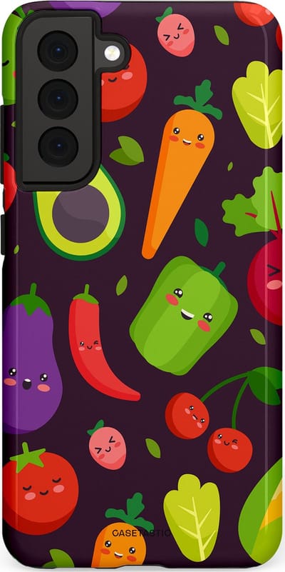 Casetastic Hoesje Geschikt voor Samsung S21 FE - Stijlvolle Beschermende Duo-layer Case - Vrolijke Groentevrienden