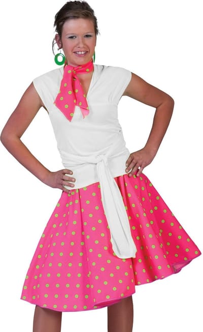 Verkleedpak rok en sjaal neon roze (met groene stippen) Rock 'N Roll Skirt Neon Pink (Green Dots) Onesize