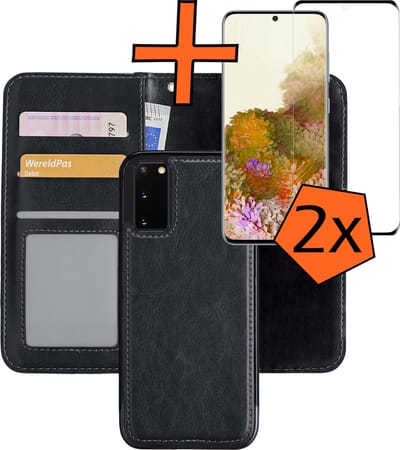 Hoes - 2 in 1 - Geschikt voor Samsung Galaxy S20 - Met 2x Screenprotector - En Uitneembare Hard Cover - Bookcase - Wallet Case - Met Pasjeshouder - Book Case - Uitneembaar - Pashouder - Kunstleer - Zwart