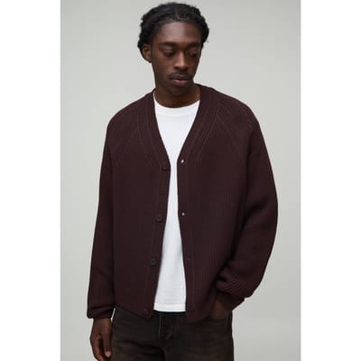 Ontspannen Ruim Geribbeld Raglan Gebreid Vest | Brown | Size XS