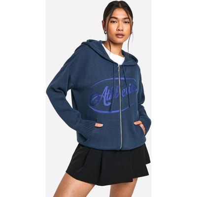 boohoo Dames Athletics Geborduurde Ritssluiting Door Overgroot Gebreide Hoodie | Navy | Maat: Small