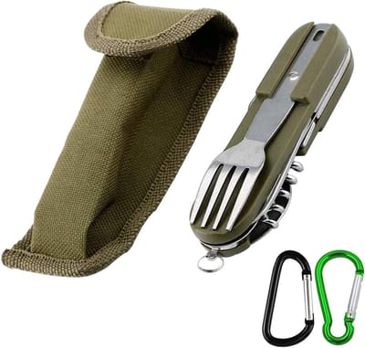 Famanu – Campingservies van roestvrij staal, 8-in-1 multifunctioneel opvouwbaar servies met karabijnhaken, ideaal voor survival en avontuur
