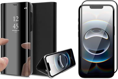 Hoesje geschikt voor iPhone 16e - Screenprotector Volledig Dekkend Glas - Spiegel Book Case Zwart