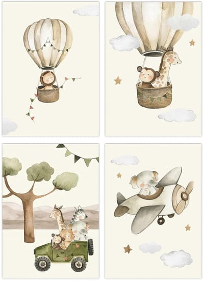 Allecto - Babykamer Beelden Decoratie - Wanddecoratie - Set van 4 Posters - A4 Formaat - Bosdieren en Reisthema - Geschikt voor Jongens en Meisjes ...