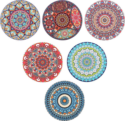 Behave Onderzetters voor Glazen - Keramisch - 3D Patronen - Mandala design - Kruk Anti-slip onderkant - Multi color - Rond - 6 Stuks