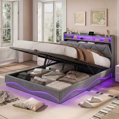 Gestoffeerd Bed 160x200 cm met LED-verlichting, USB-C en Opbergruimte – Tweepersoonsbed met Lattenbodem en Hoofdbord – Fluweel Grijs – Zonder Matras