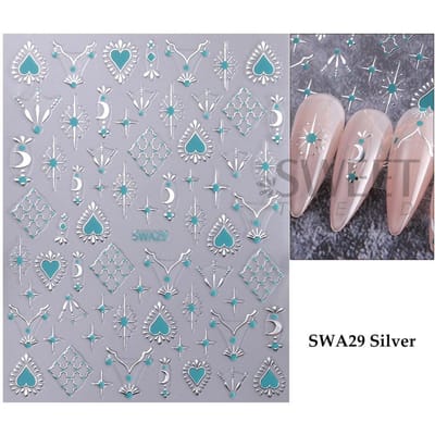 Metalen Boheemse Stijl Nagels Sticker Goud Zilver Kant Lijnen Hart 3D Holografische Manicure Sliders Nagels Decoratie zilver
