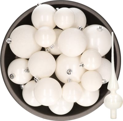 Kerstversiering kunststof kerstballen winter wit 6-8-10 cm pakket van 27x stuks - Met glazen glans piek van 26 cm