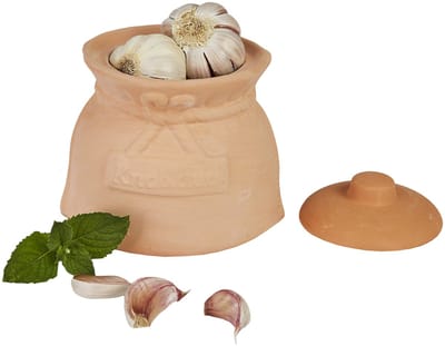 Knoflookpot, terracotta pot met deksel, grappige voorraaddoos, knoflookhouder, groentepan, kleicontainer in geschenkdoos, keuken, aardewerk, 15 x 10,5 x 14,5 cm