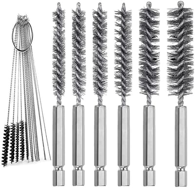 Set van 6 RVS Borstels met Gat in Diverse Maten + 15 Nylon Reinigingsnaalden, Gevlochten Draadborstel met 1/4 Inch Handvat voor Buizen en Lagers, Ideaal voor Precisiewerk en Onderhoud