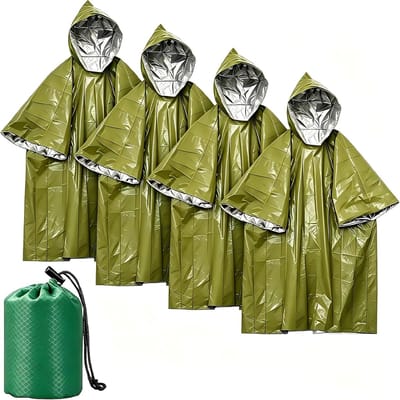 Famanu – Set van 4 noodsurvivalponcho's, waterdicht en isolerend, ideaal voor kamperen en noodgevallen, houdt lichaamswarmte vast